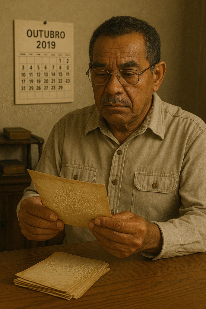 Trabalhador mais velho consultando documentos antigos de contribuição, em um ambiente que remete ao período anterior à reforma, com calendário mostrando data anterior a novembro de 2019