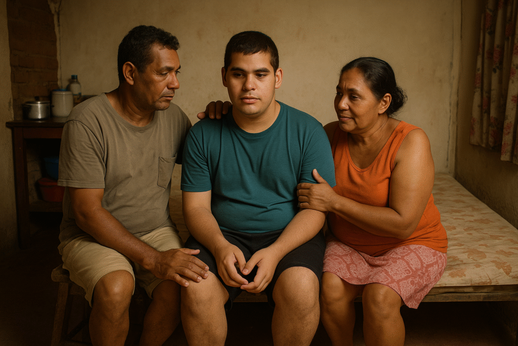Família de baixa renda com pessoa com autismo em casa