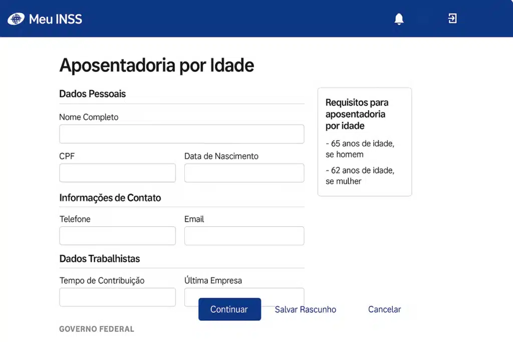 Interface do portal Meu INSS para solicitação de aposentadoria por idade