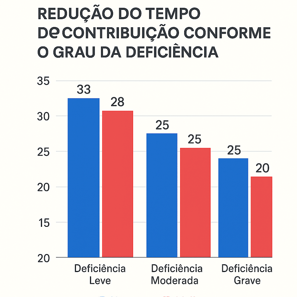 Gráfico em barras mostrando a redução do tempo de contribuição conforme o grau da deficiência