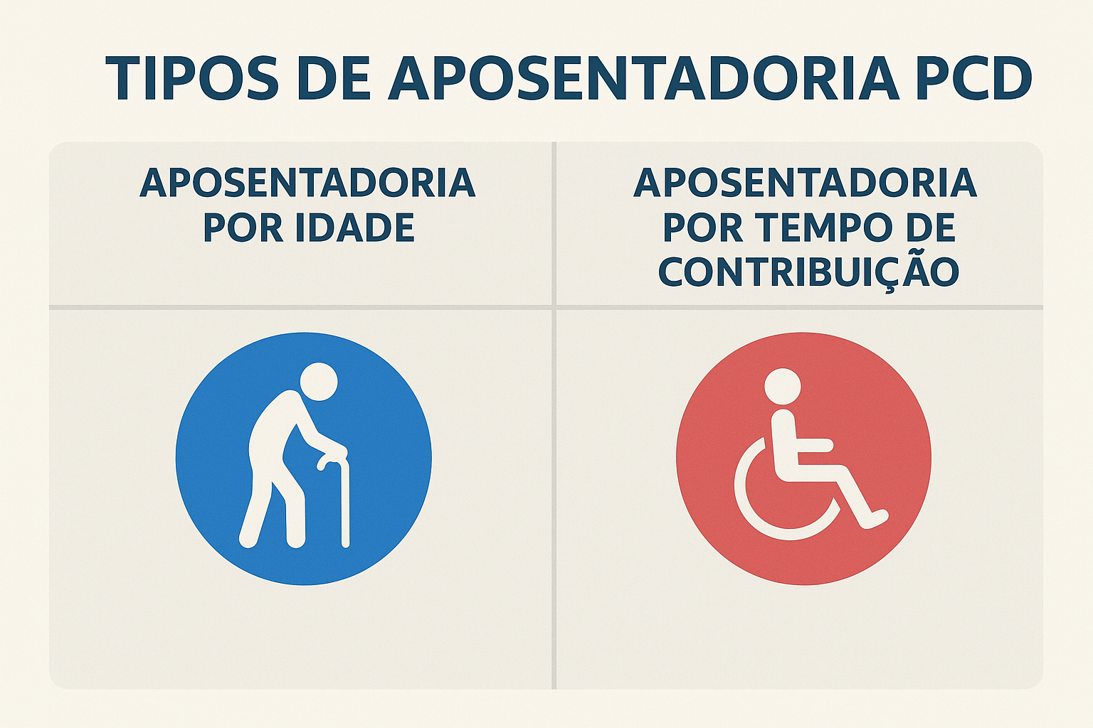 Tabela comparativa visual mostrando os dois tipos de aposentadoria PCD com ícones representativos