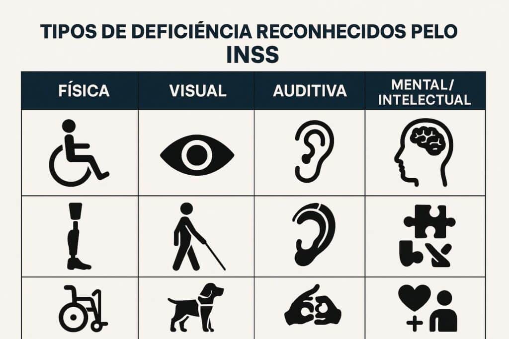 Tabela visual dos tipos de deficiência reconhecidos pelo INSS com ícones representativos