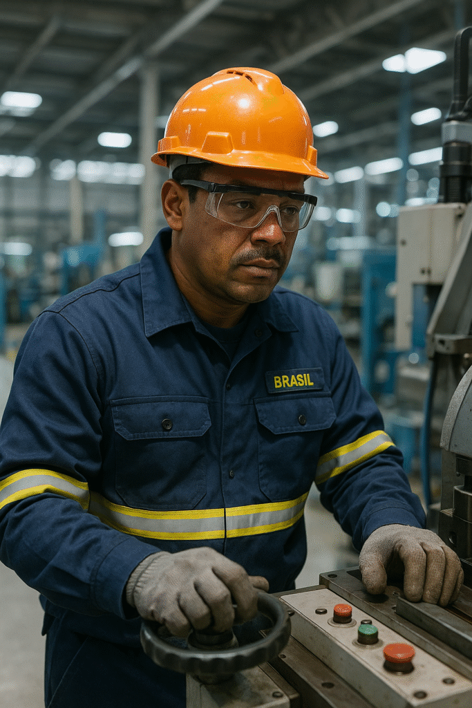 Trabalhador em ambiente industrial usando equipamentos de proteção, com foco em segurança no trabalho
