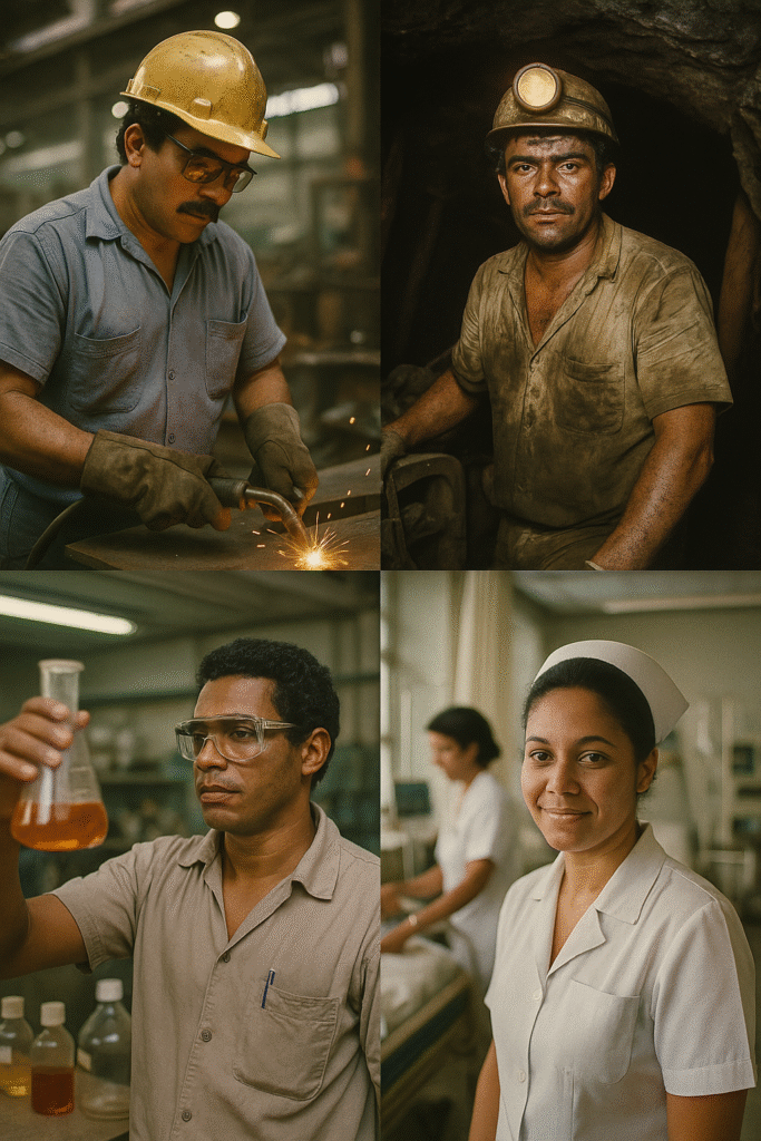 Trabalhadores de diferentes categorias profissionais dos anos 80 e 90, mostrando a diversidade de profissões que tinham direito à aposentadoria especial