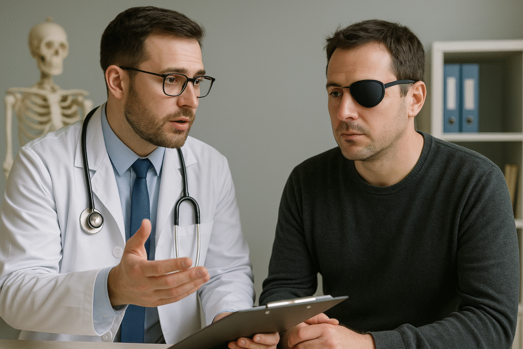 Médico explicando informações a um paciente com visão monocular, que usa um tapa-olho, durante consulta em consultório. Ambos estão sentados à mesa, com expressão séria e atenção focada em uma prancheta.