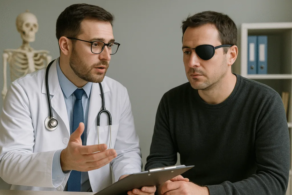 Médico explicando informações a um paciente com visão monocular, que usa um tapa-olho, durante consulta em consultório. Ambos estão sentados à mesa, com expressão séria e atenção focada em uma prancheta.
