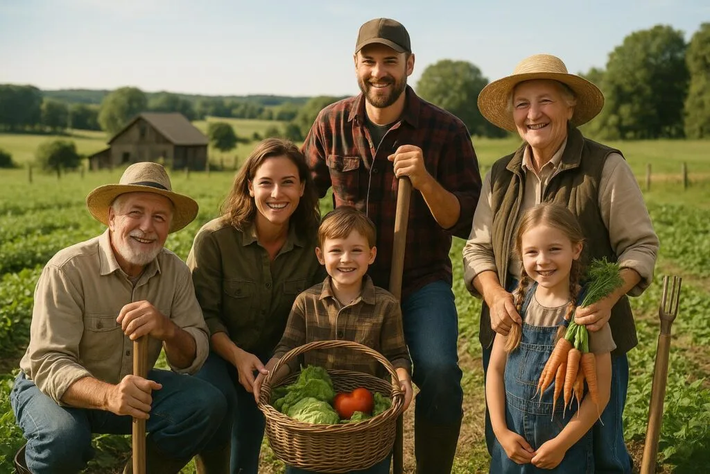 Família de trabalhadores rurais sorrindo em propriedade agrícola demonstrando atividade rural