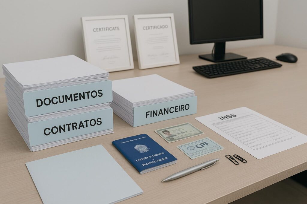 Mesa de escritório com documentos organizados para solicitação de pensão por morte urbana no INSS