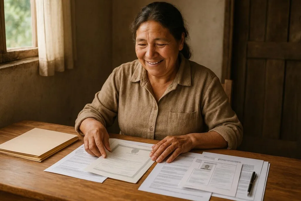 Pessoa sorrindo organizando documentos necessários para solicitar pensão por morte rural