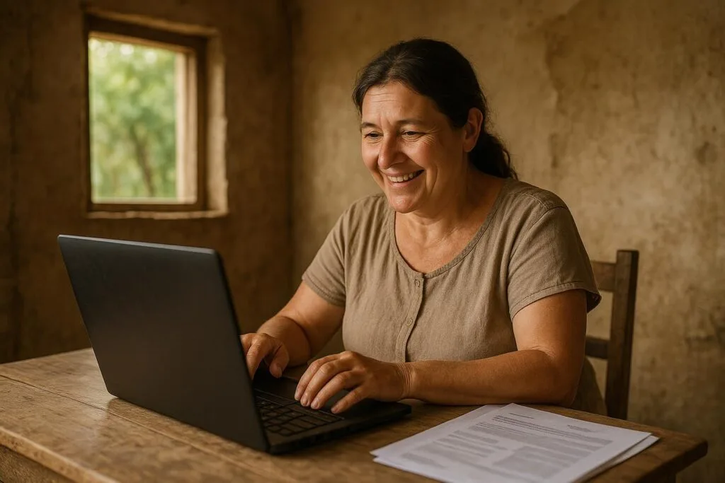 Pessoa sorrindo usando computador para solicitar pensão por morte rural pelo Meu INSS