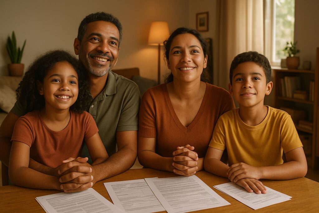 Família brasileira aliviada após resolver superendividamento com ajuda jurídica - caso de sucesso