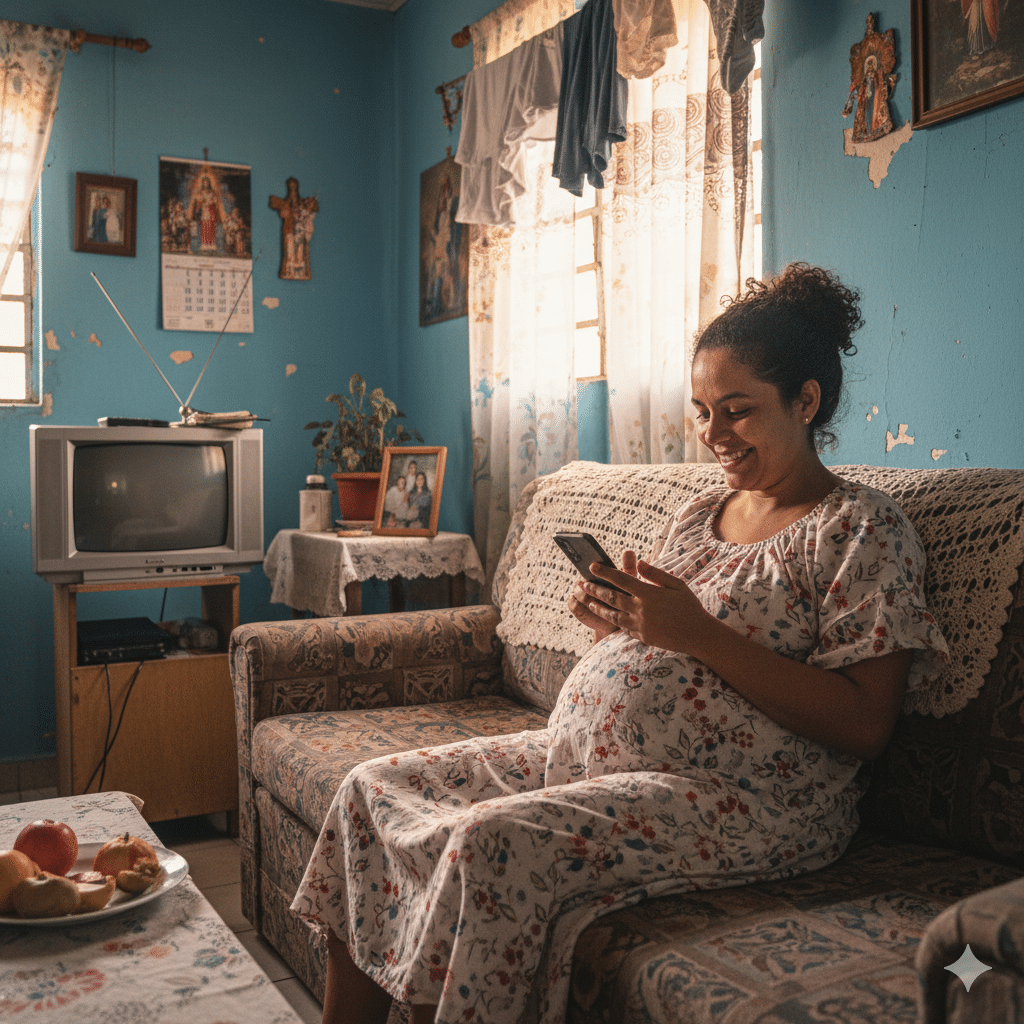 Mulher sorrindo, sentada confortavelmente em um sofá, usando o aplicativo Meu INSS em seu smartphone para solicitar o Salário Maternidade
