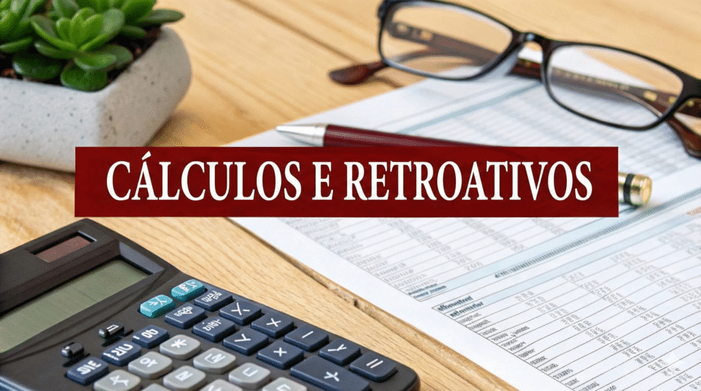 Mesa de escritório com calculadora, caneta, óculos, planta e um banner vermelho com a frase 'Cálculos e Retroativos'.