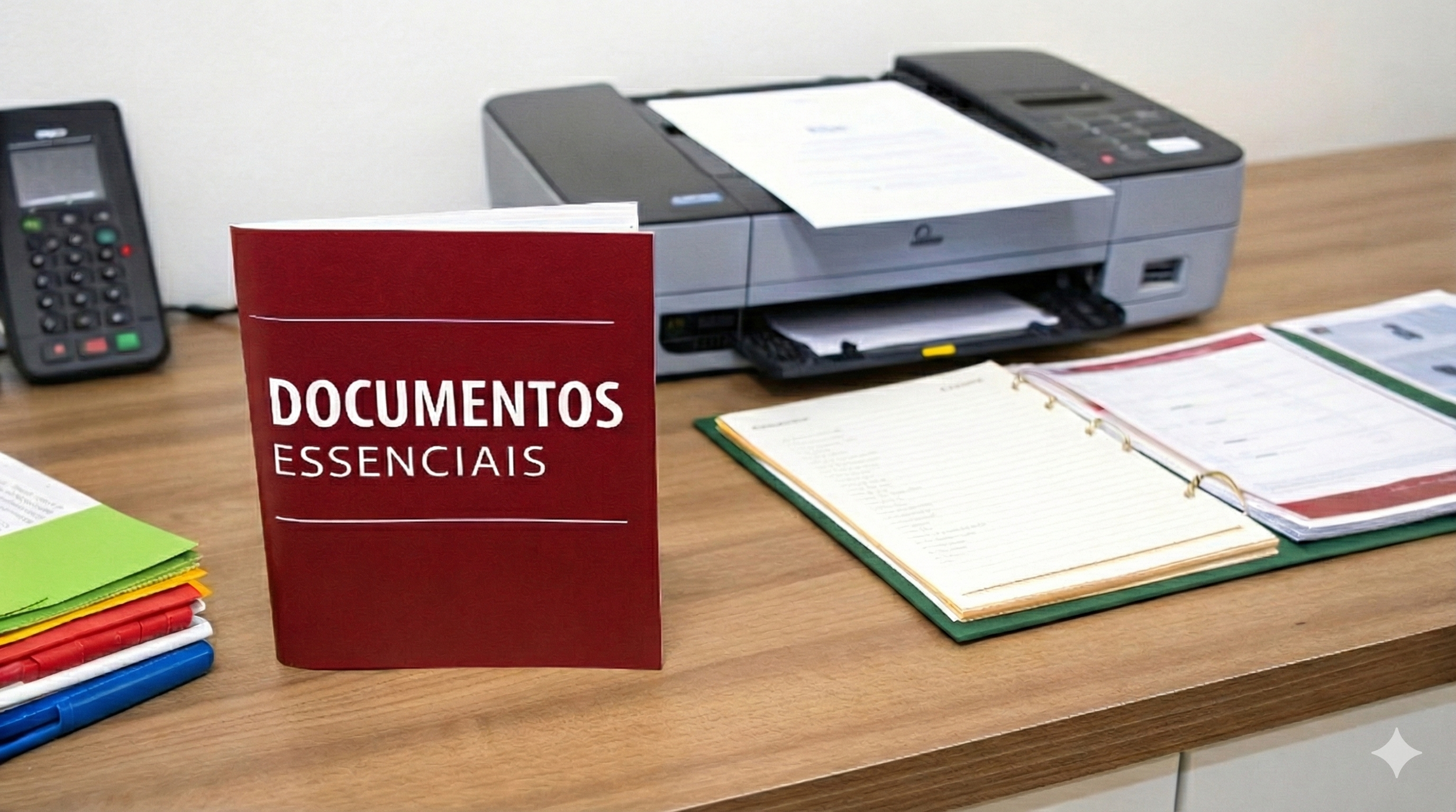 Mesa de escritório com impressora, telefone, pasta vermelha com título: “Documentos Essenciais” e papéis organizados.