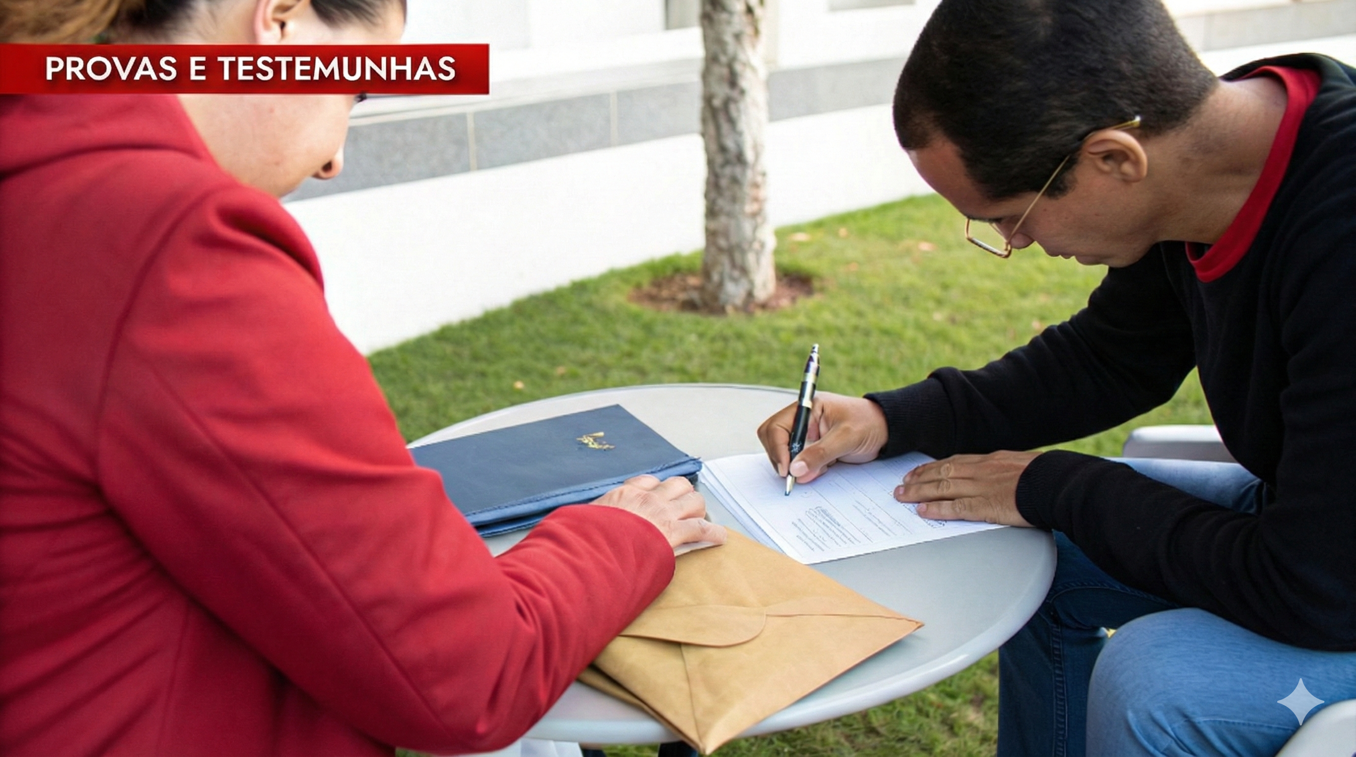 Duas pessoas sentadas à mesa ao ar livre, uma escrevendo em um documento. Há um envelope e uma pasta.