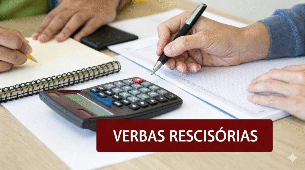 Mãos de pessoas calculando verbas rescisórias em uma mesa, com cadernos, canetas e uma calculadora