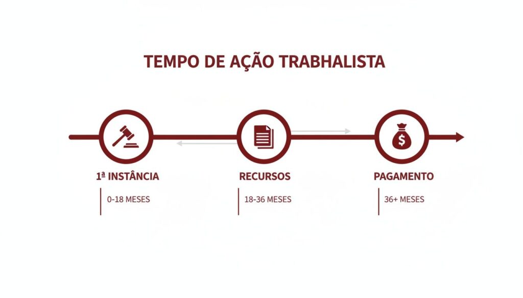Infográfico mostrando o tempo estimado de uma ação trabalhista em suas três fases: 1ª instância, recursos e pagamento.