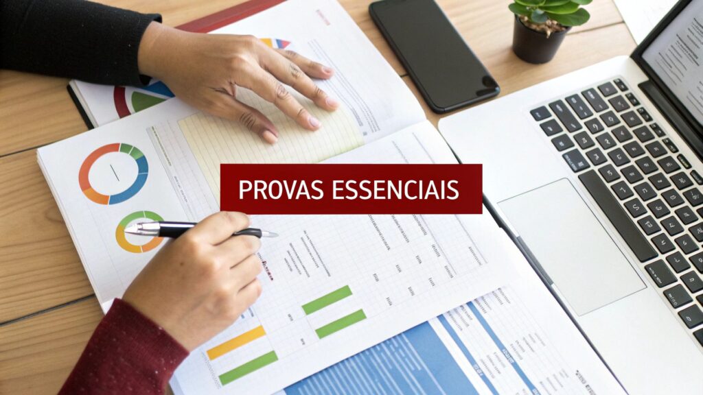 Mãos de pessoa analisando documentos com gráficos e tabelas, com um laptop e celular ao lado, e um banner 'PROVAS ESSENCIAIS'.