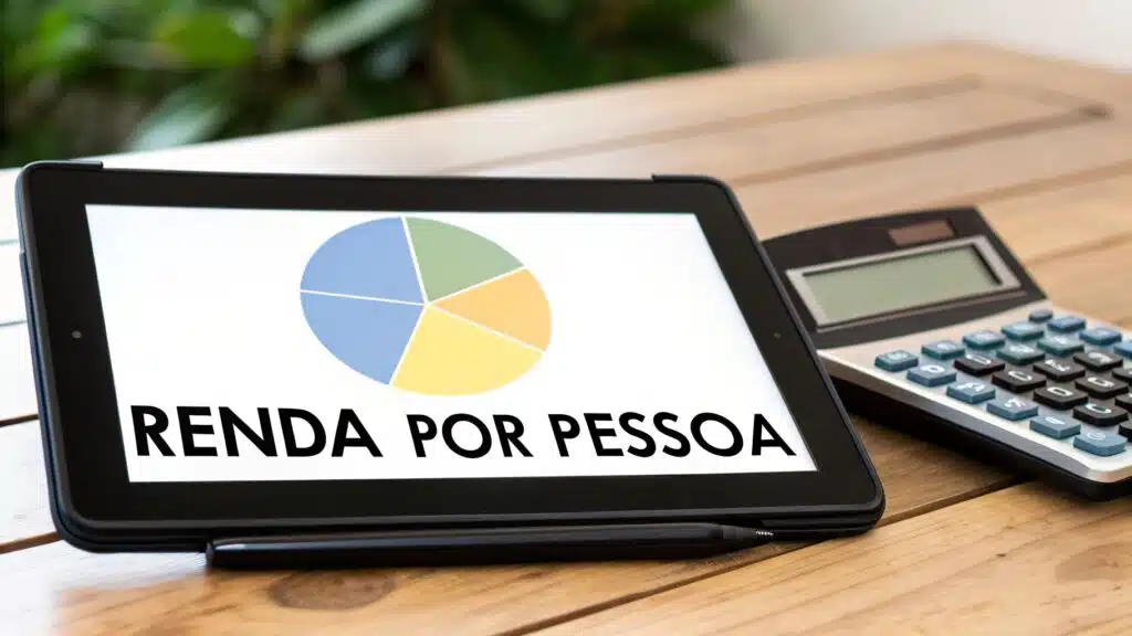 Tablet com gráfico de pizza e texto 'RENDA POR PESSOA' ao lado de uma calculadora sobre uma mesa de madeira.