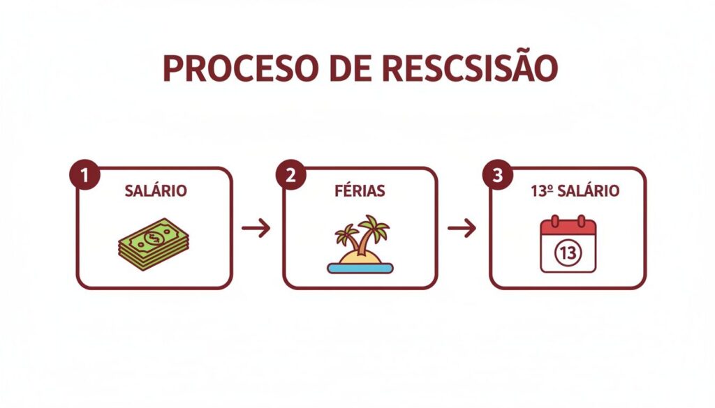 Infográfico detalhando o processo de rescisão trabalhista, incluindo salário, férias e 13º salário