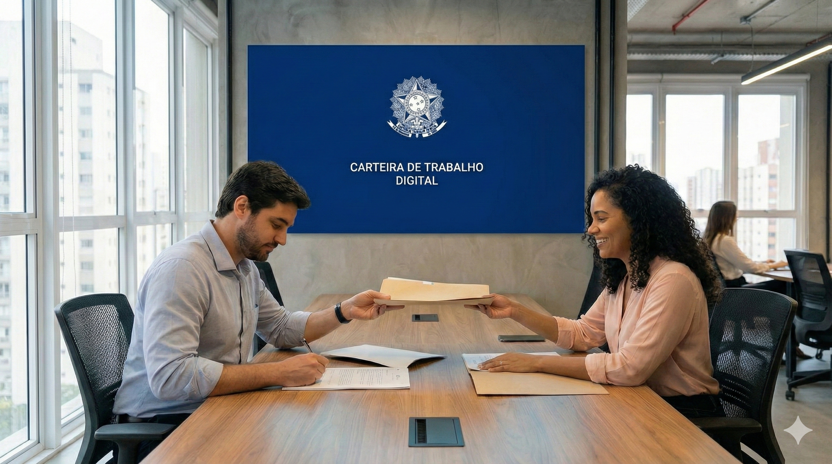 Duas pessoas trocam documentos para assinatura sobre uma mesa, com um letreiro "CARTEIRA ASSINADA" ao fundo.