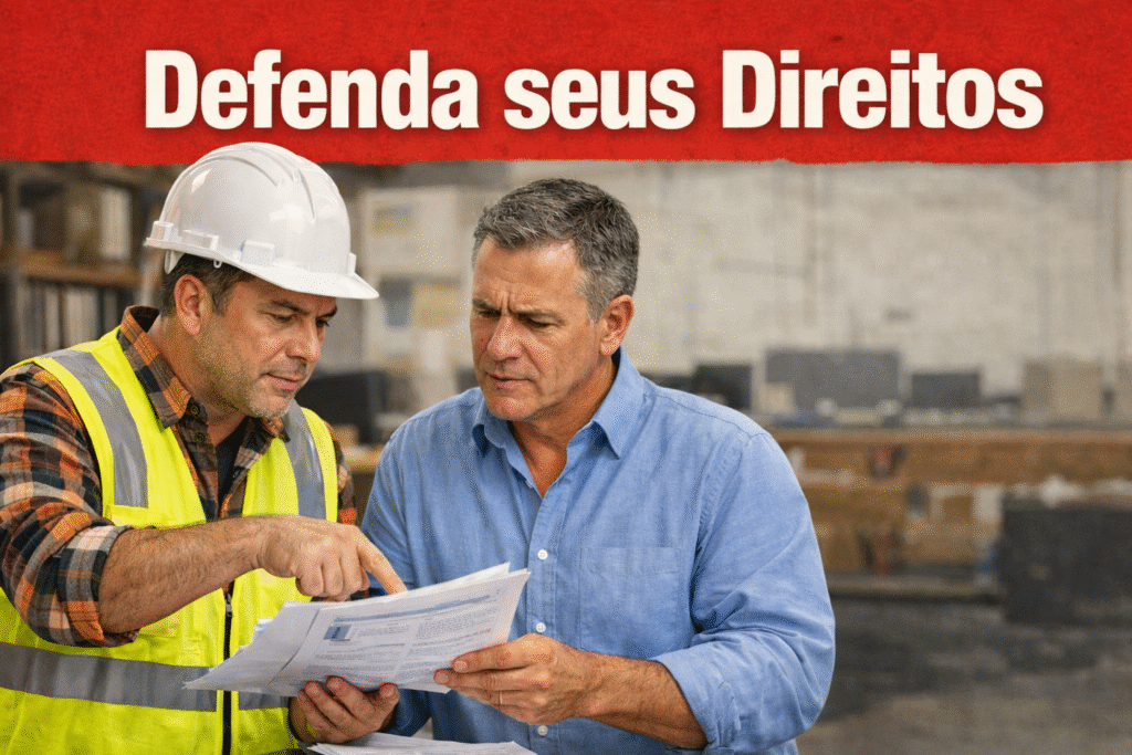 Dois homens discutindo documentos com o texto "Defenda seus Direitos". Um usa capacete e colete, o outro camisa azul.