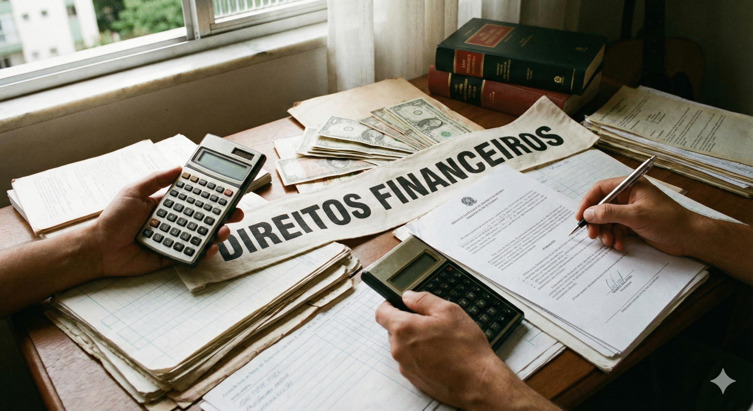 Mãos segurando calculadora e documento, com caneta, sobre papéis, simbolizando direitos financeiros.