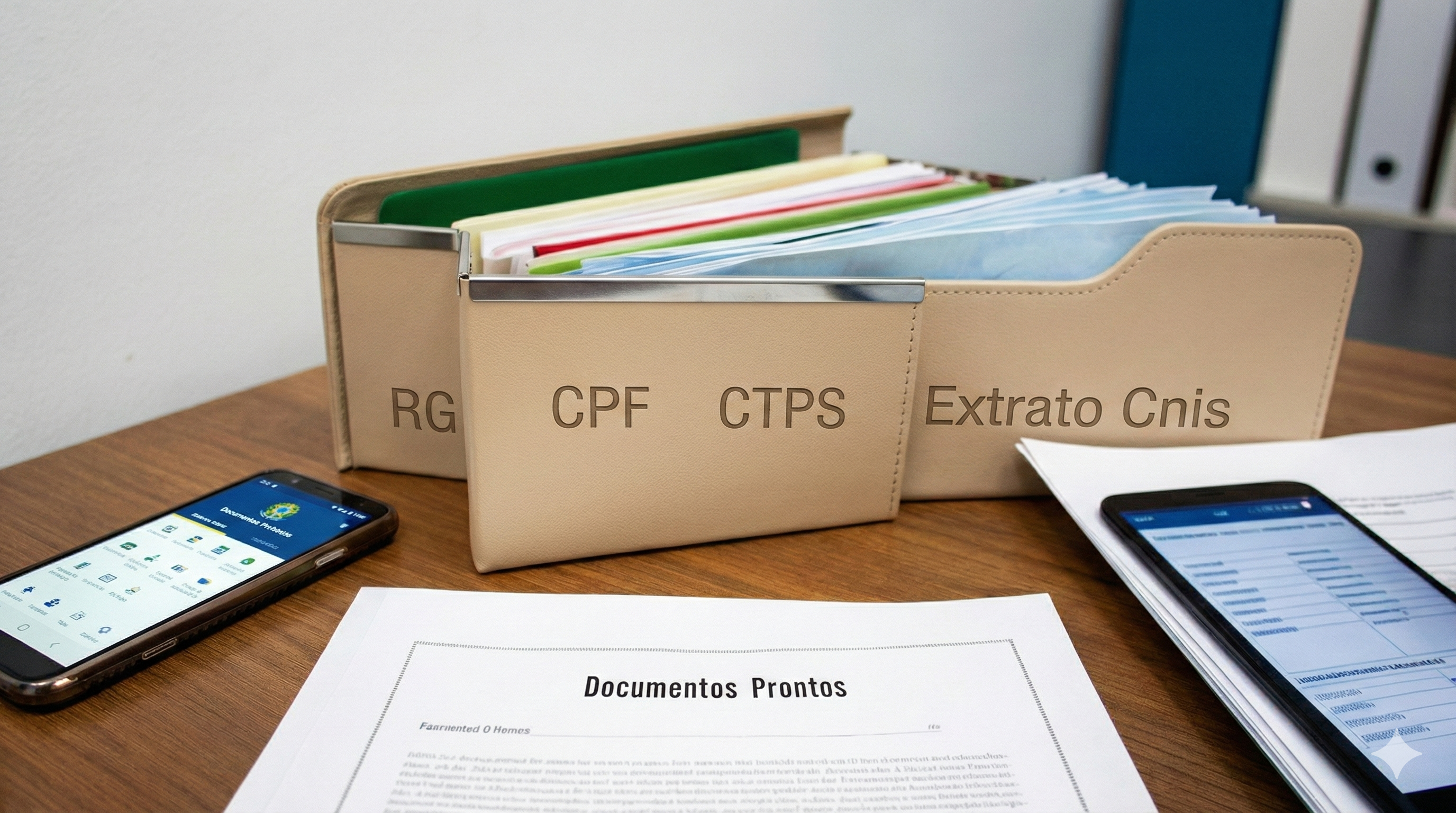 Mesa com caixas de documentos rotuladas RG, CPF, CTPS e Extrato CNIS, além de celulares e papéis, indicando organização de processos.