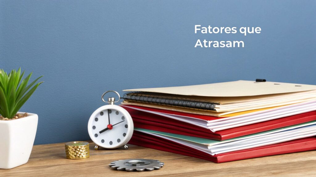Pilha de pastas, relógio e texto 'Fatores que Atrasam' em um ambiente de escritório, simbolizando atrasos