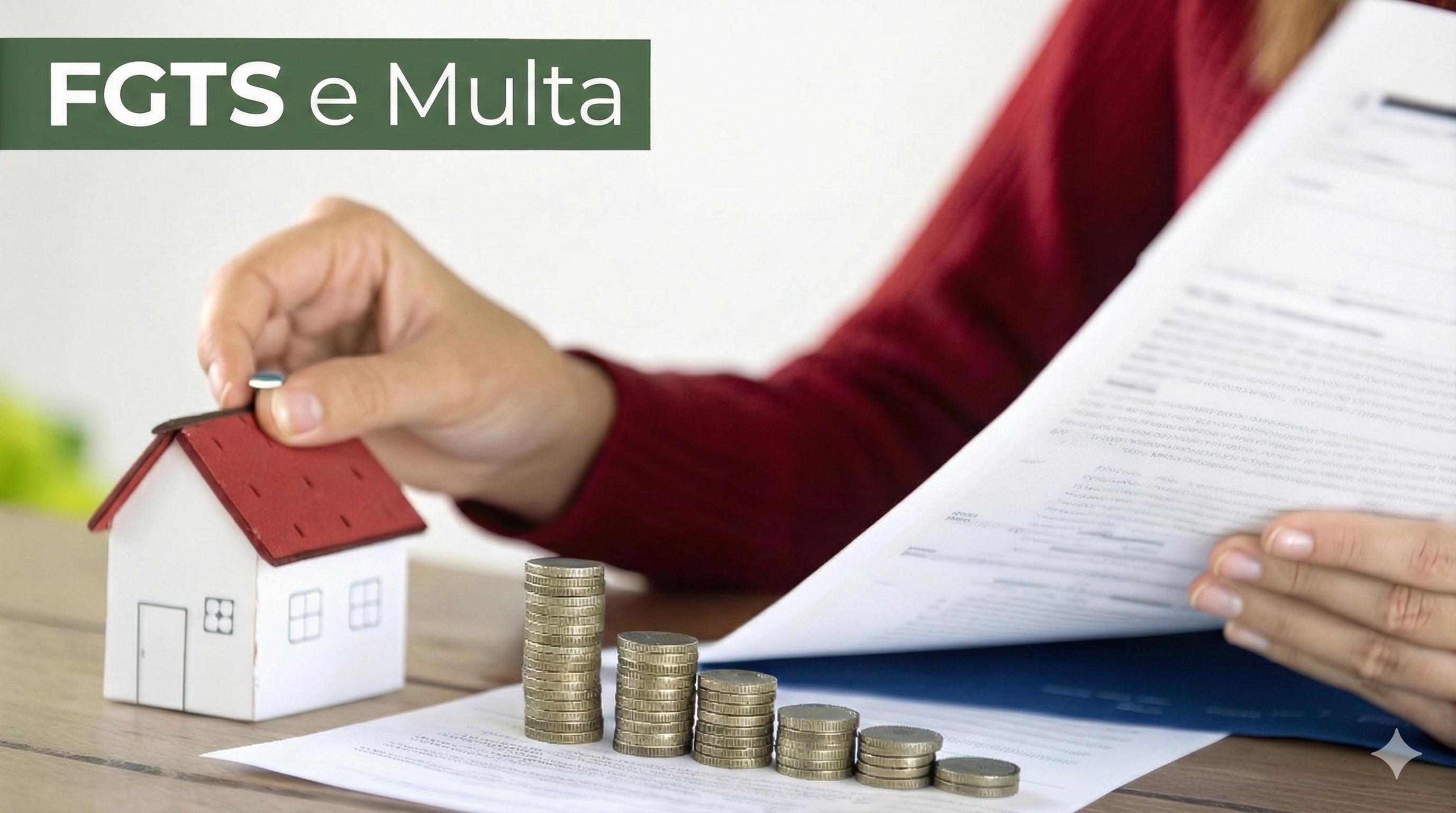 Pessoa analisando documentos perto de uma casa miniatura e pilhas de moedas, com a frase 'FGTS e Multa'.