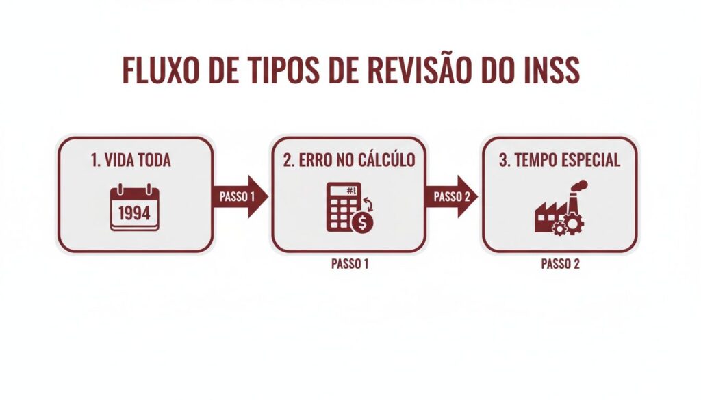 Fluxograma detalhando os tipos de revisão do INSS: Vida Toda, Erro no Cálculo e Tempo Especial, com ícones.