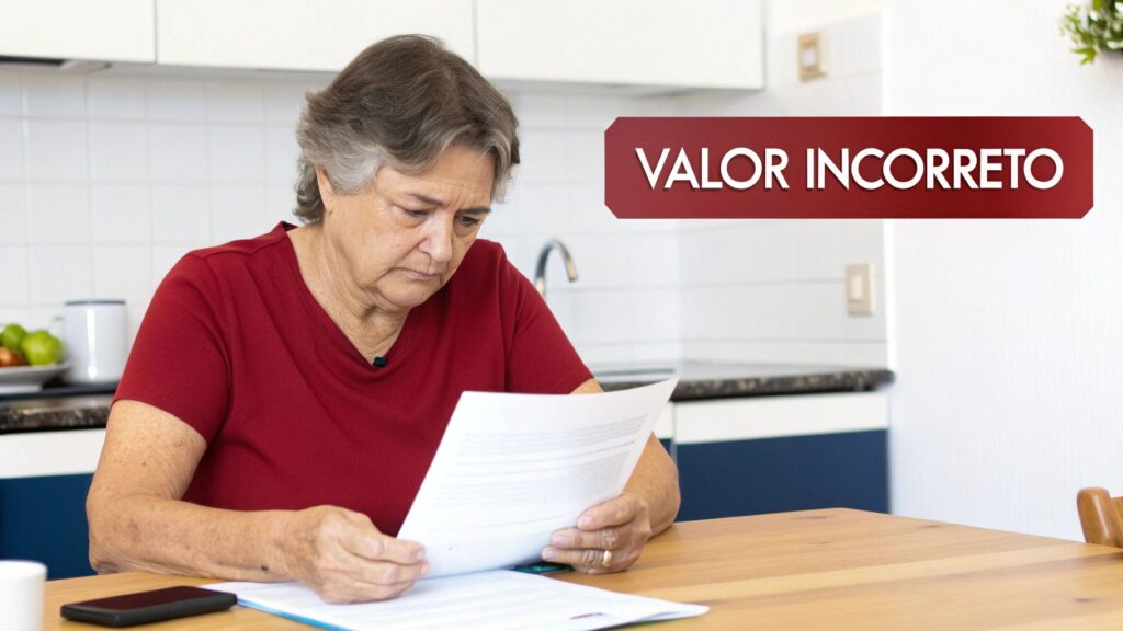 Mulher idosa preocupada revisa documentos em sua cozinha, com um banner 'VALOR INCORRETO' indicando um problema financeiro.