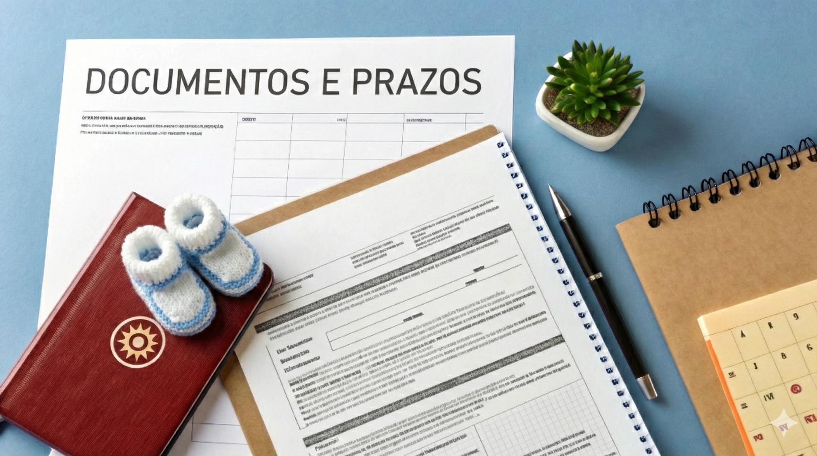 Mesa com documentos, agenda, caneta, livro e planta, com título 'DOCUMENTOS E PRAZOS'.