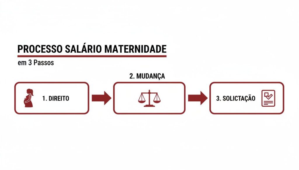 Infográfico do processo de salário maternidade em 3 passos: Direito, Mudança e Solicitação, com ícones.