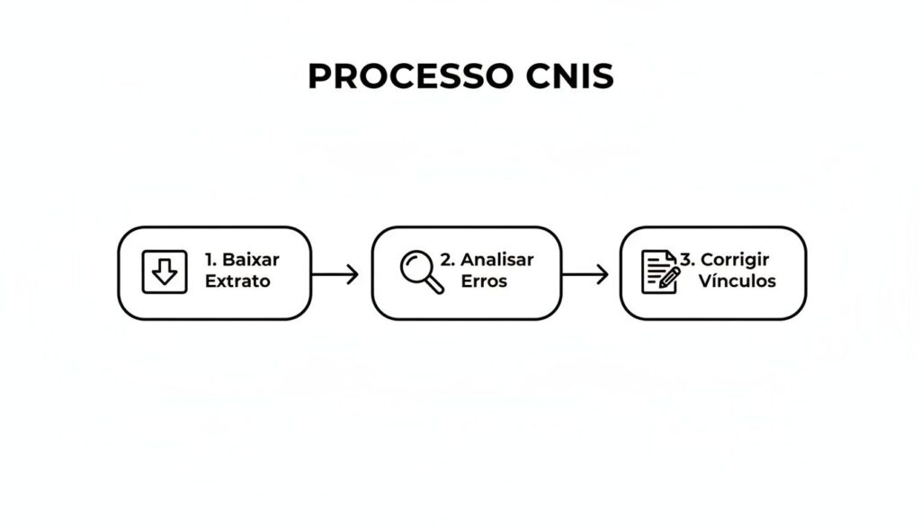 Fluxograma do Processo CNIS detalhando 3 etapas: Baixar Extrato, Analisar Erros e Corrigir Vínculos.
