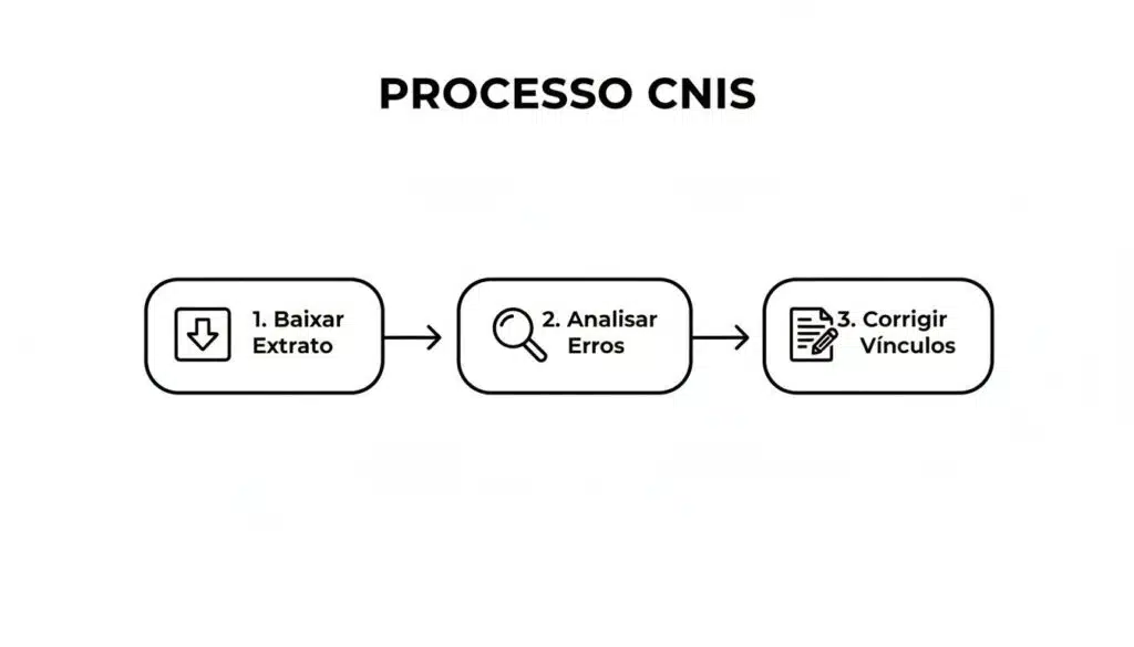 Fluxograma do Processo CNIS detalhando 3 etapas: Baixar Extrato, Analisar Erros e Corrigir Vínculos.