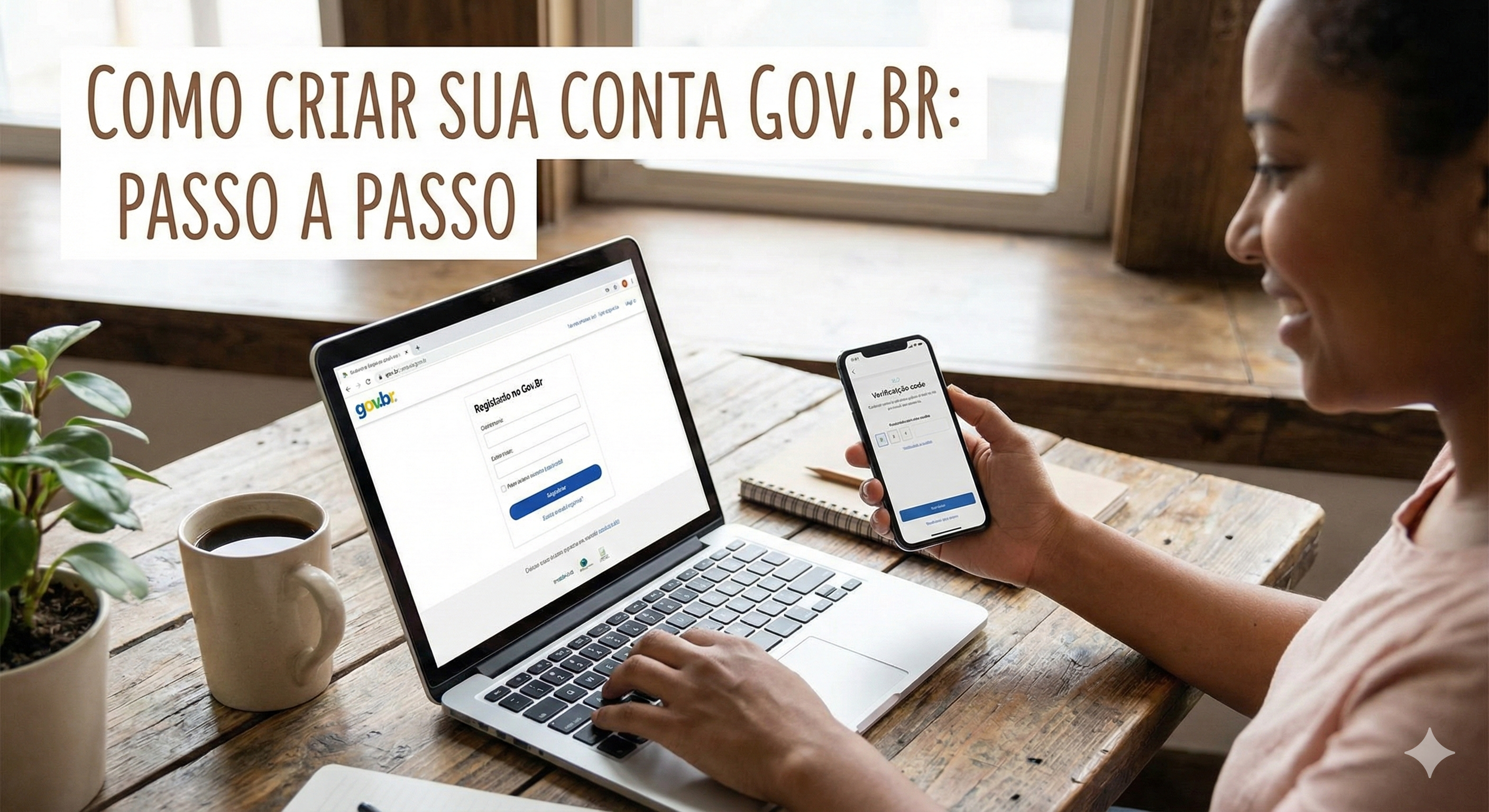 Pessoa criando conta Gov.Br em um laptop, com um celular na mão, em uma mesa de madeira.