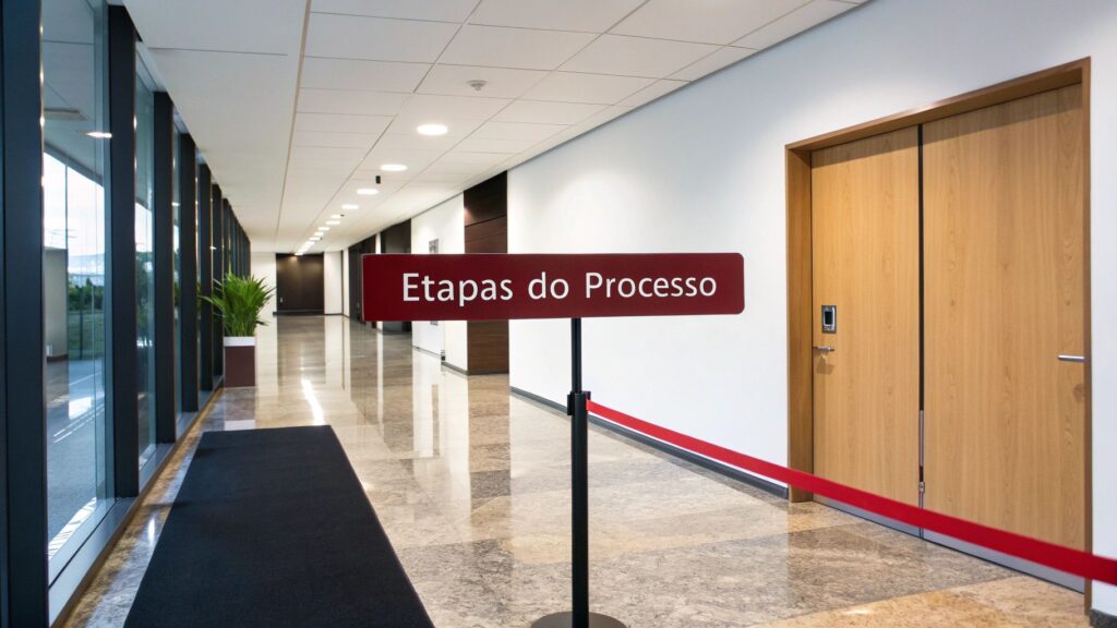 Corredor moderno e iluminado com placa 'Etapas do Processo', janelas grandes e portas de madeira