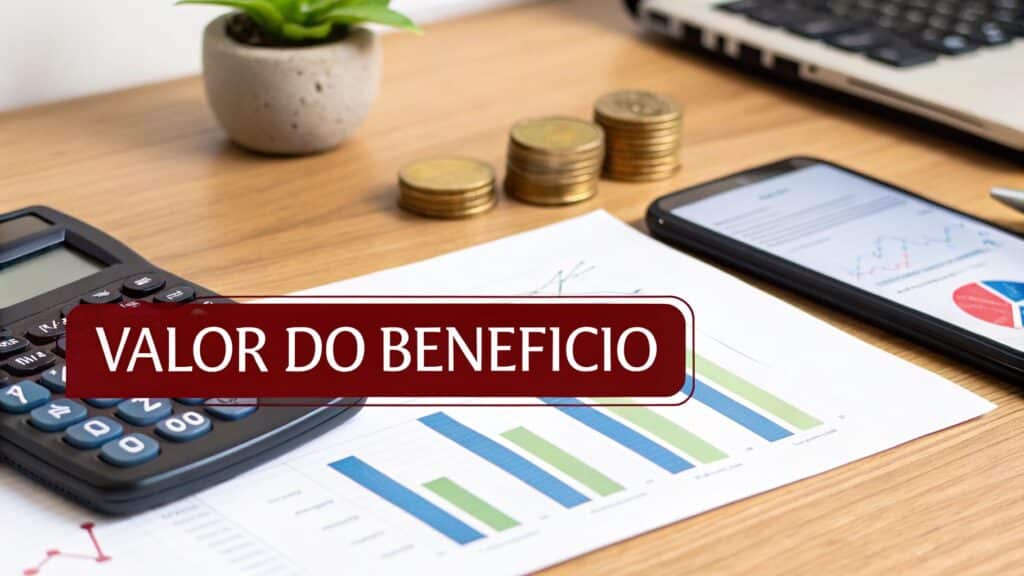 Calculadora, moedas, smartphone e documentos com gráficos em uma mesa de madeira, mostrando 'VALOR DO BENEFICIO'.