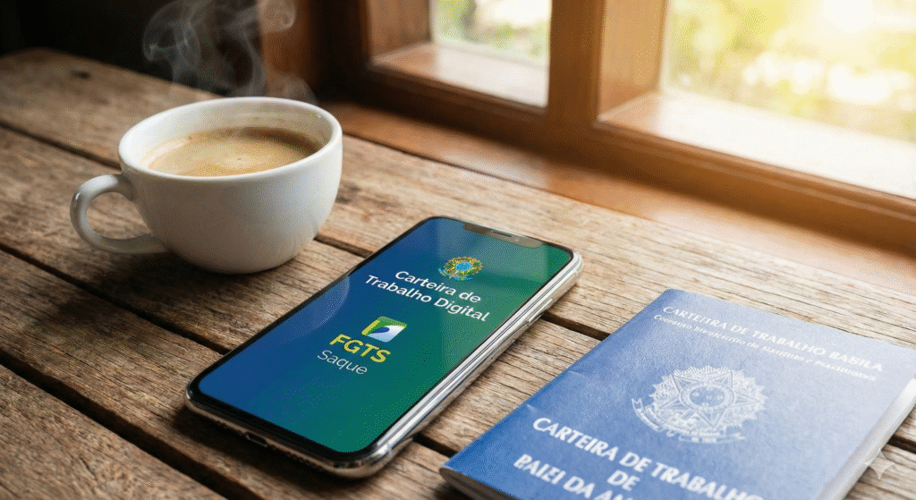 Documento:Carteira de Trabalho Digital e FGTS Saque com celular mostrando app e xícara de café.