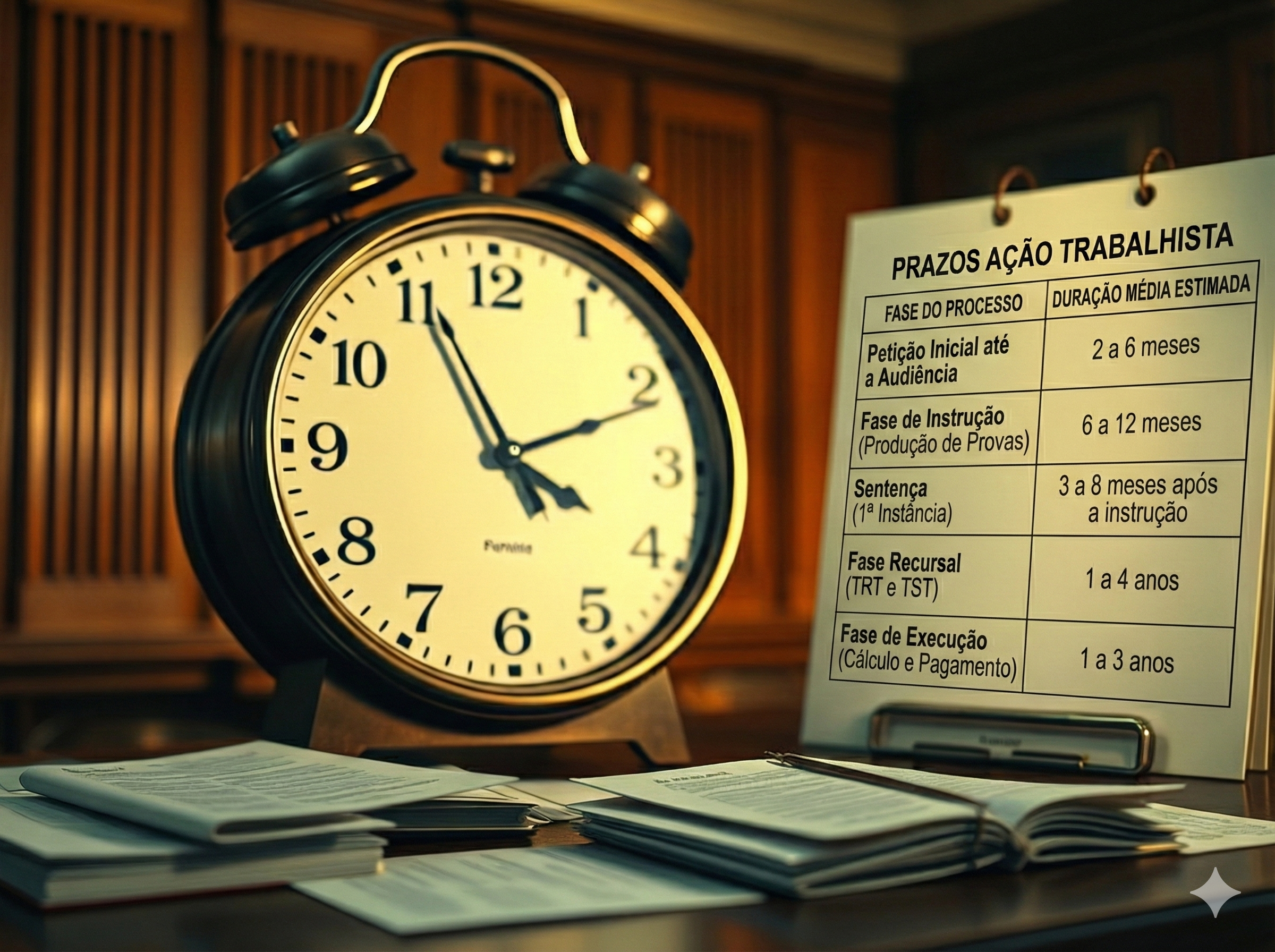 relógio e tabela com os prazos que demoram a ação trabalhista no brasil