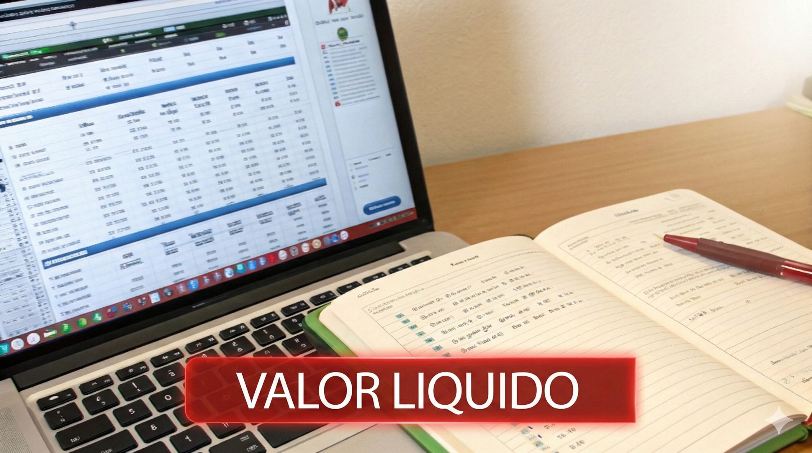 Laptop com dados de planilha e caderno aberto com caneta em mesa de madeira. O texto 'VALOR LIQUIDO' está em destaque.