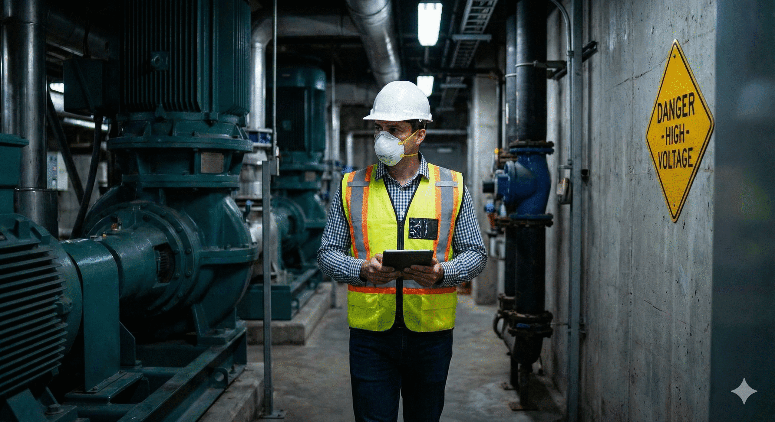 Homem usando equipamentos de proteção individual (capacete, máscara, colete) em ambiente industrial com sinal de perigo na parede ao fundo