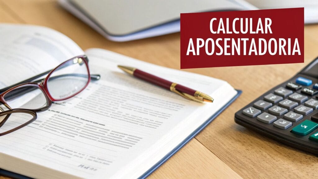 Um livro aberto, óculos, caneta e calculadora em uma mesa de madeira, com o texto 'CALCULAR APOSENTADORIA' em destaque.