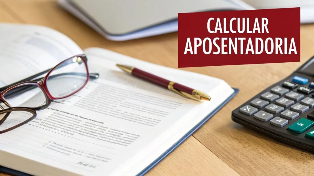 Um livro aberto, óculos, caneta e calculadora em uma mesa de madeira, com o texto 'CALCULAR APOSENTADORIA' em destaque.