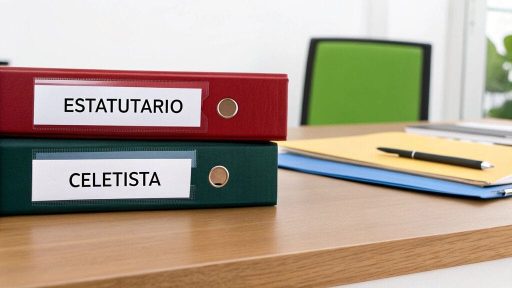 Duas pastas de arquivo, uma vermelha e uma verde, com as etiquetas 'ESTATUTÁRIO' e 'CELETISTA' em uma mesa de escritório.
