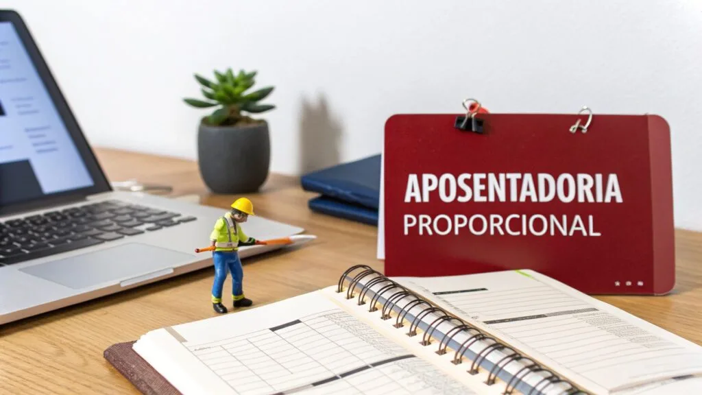 Boneco de trabalhador em mesa com laptop e letreiro 'APOSENTADORIA PROPORCIONAL' aberto, simbolizando planejamento de aposentadoria.