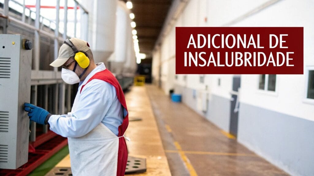 Trabalhador com EPI em ambiente industrial, destacando o texto "ADICIONAL DE INSALUBRIDADE" em banner vermelho.