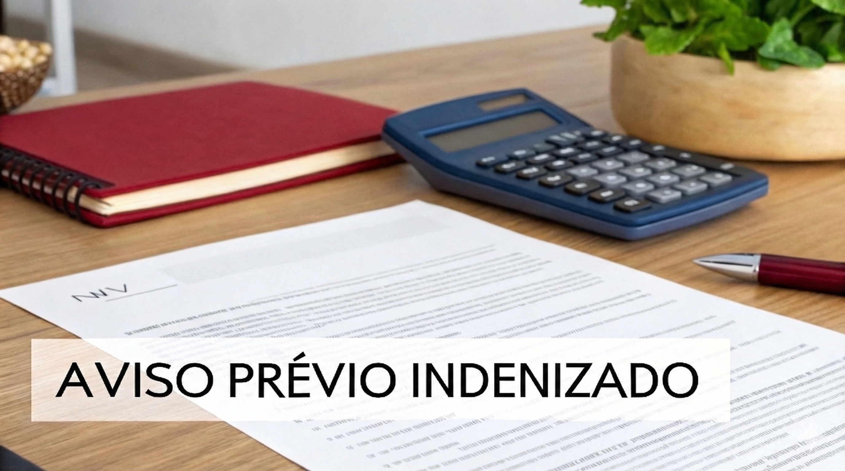 Mesa de escritório com documento 'AVISO PRÉVIO INDENIZADO', calculadora, caderno vermelho e caneta, sugerindo cálculos financeiros.

