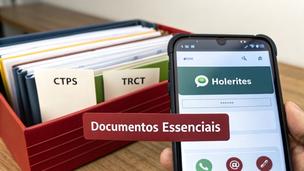Documentos essenciais para verbas rescisórias, incluindo holerites no celular e arquivos CTPS/TRCT.